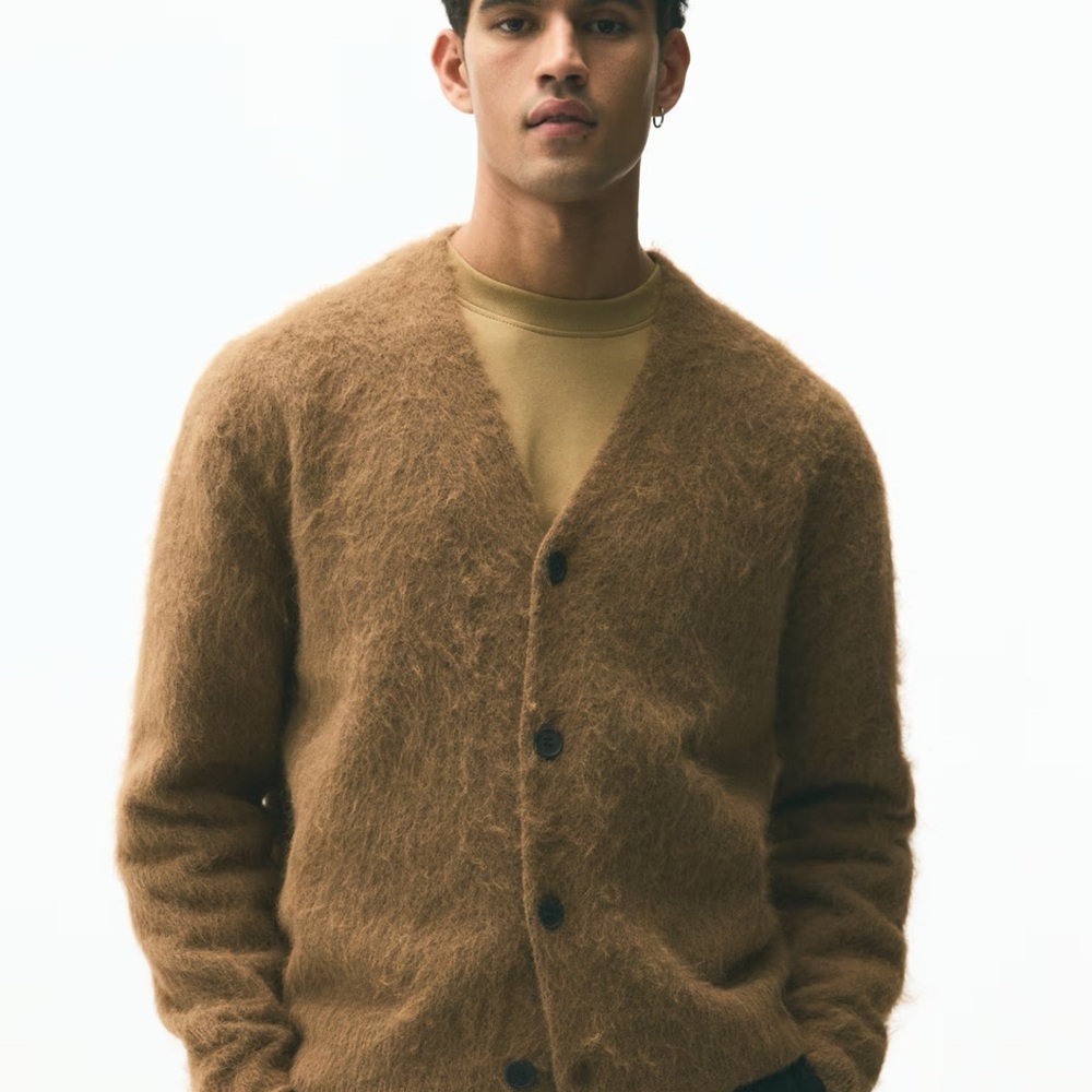 H&M Men's Brown Fuzzy Cardigan Sweater